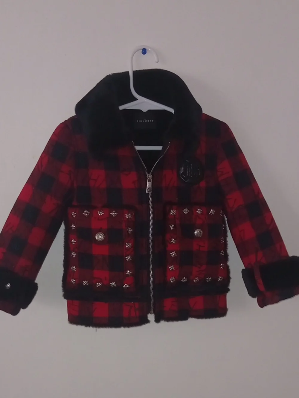 John Richmond Red and Black Plaid Faux Fur Trim Puffer Jacket
